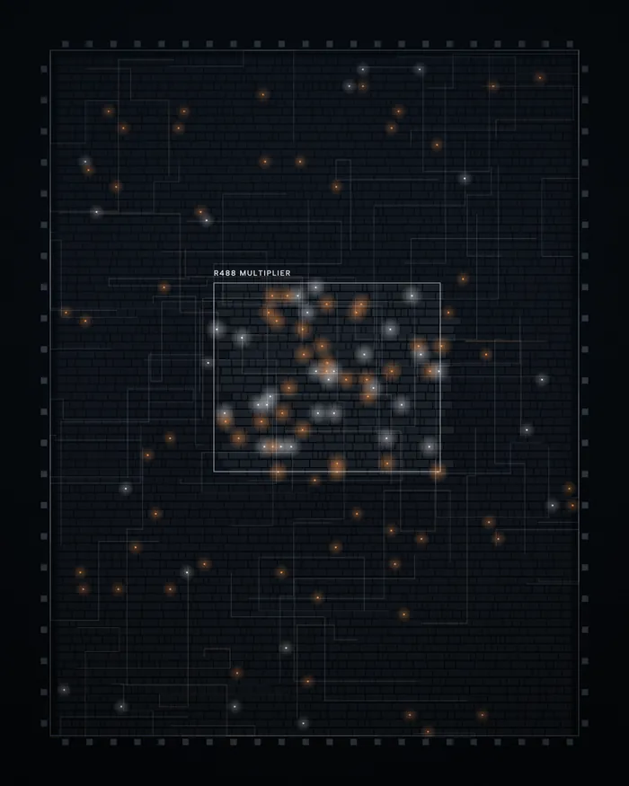 Illustration: a silicon die seen from above, its cells lit like a city at night around the multiplier core.